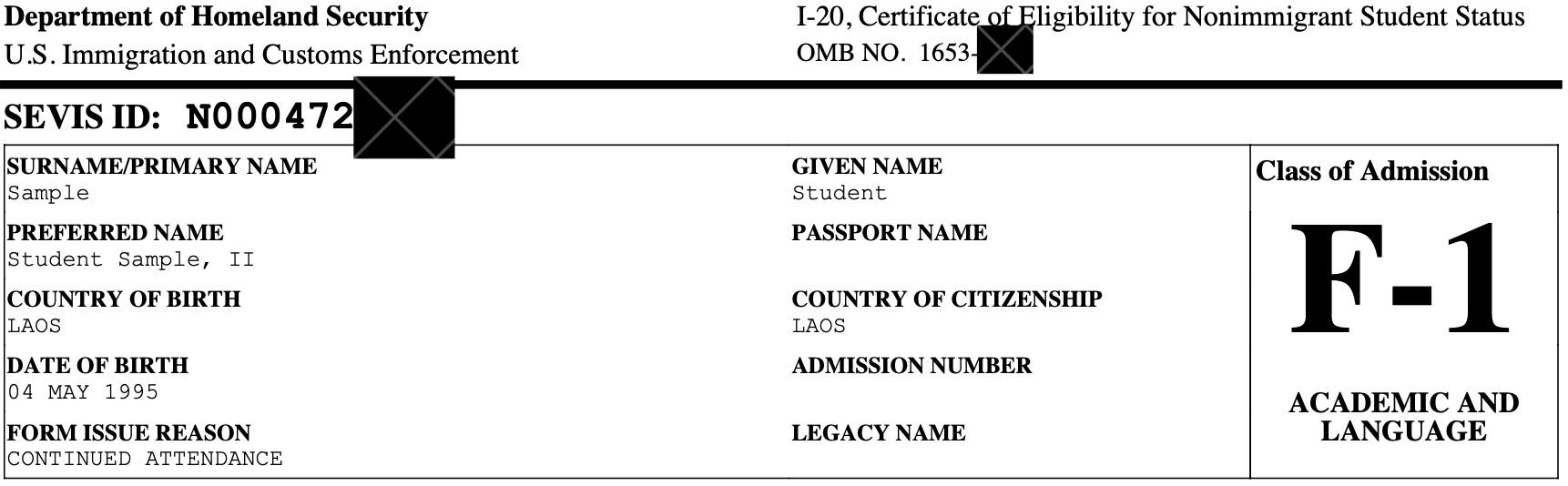 F-1 Visum i20 Financial SEVIS-Nummer