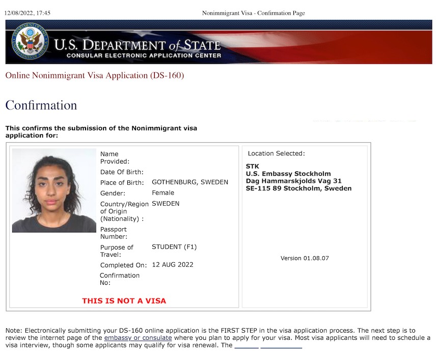 F-1-Visum verlängern Bestätigungsseite DS-160